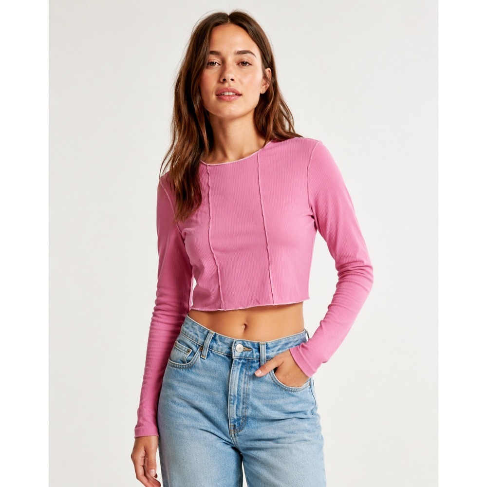 Y2K Long Sleeve Ribbed Crop Top Womens L Pink Exposed Seam Lettuce Trim